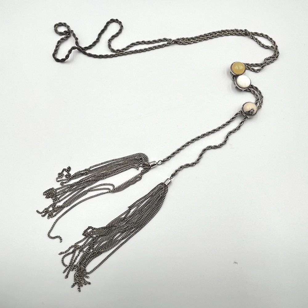 Vintage Retro Silver Tone Rope Chain Tassel Lariat Necklace Earth Tone Stones